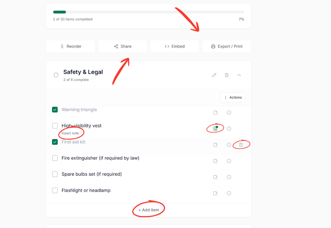 Screenshot showing an active checklist being used